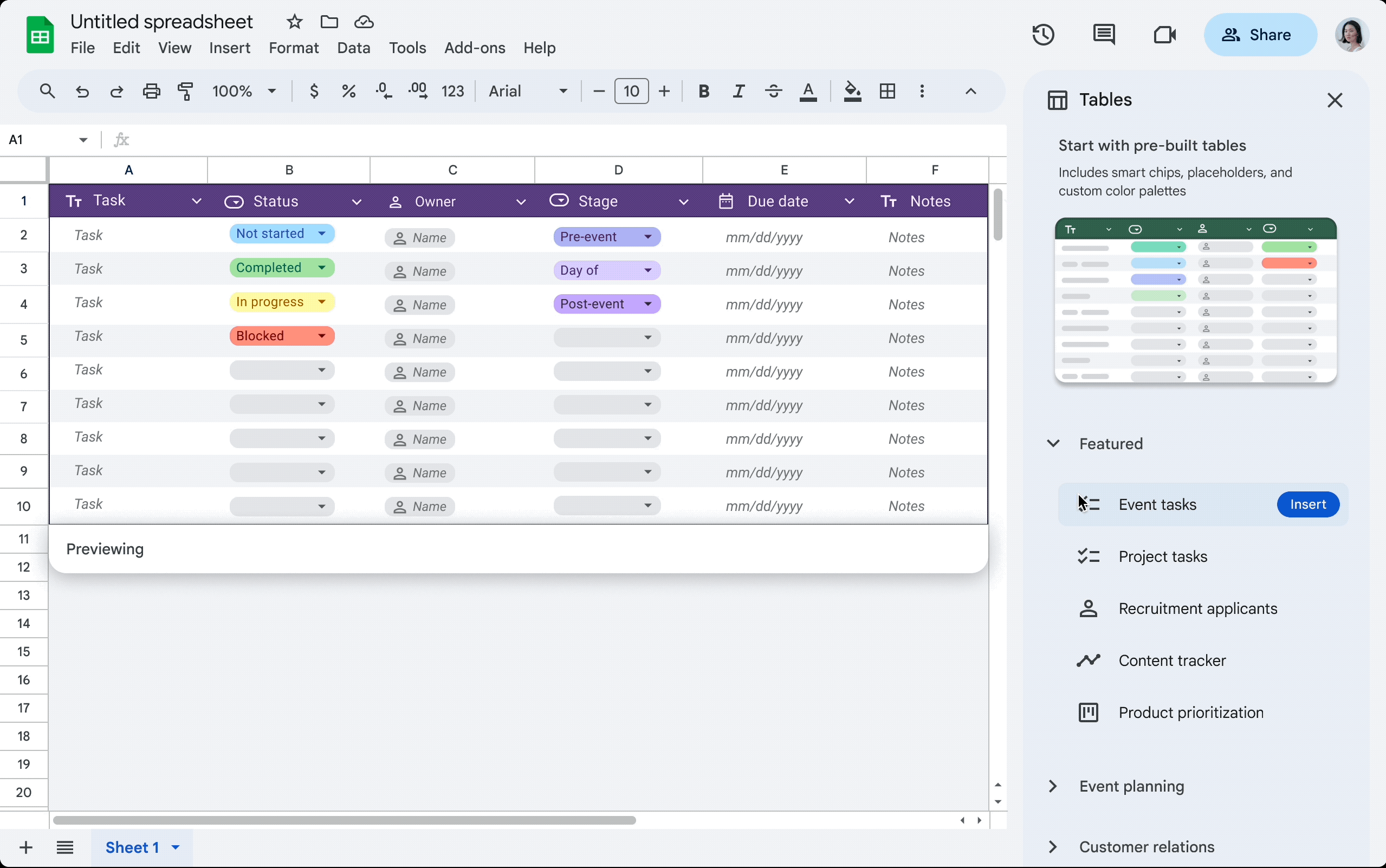 Tabelas pré-criadas nas Planilhas Google