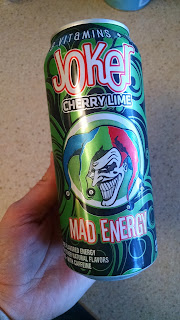 Soda can labeled Mad Energy with cartoon of the Joker