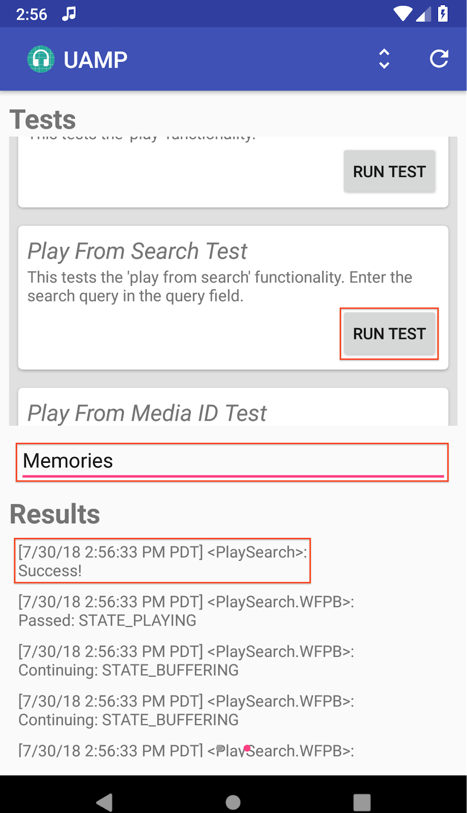 MCT Screenshot of the right screen in the Testing view for UAMP; the Play From Search test was run with the query 'Memories' and ended successfully.