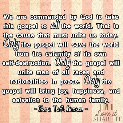 We are commanded by God to take this gospel to all the world. That is the cause that must unite us today. Only the gospel will save the world from the calamity of its own self-destruction. Only the gospel will unite men of all races and nationalities in peace. Only the gospel will bring joy, happiness, and salvation to the human family.