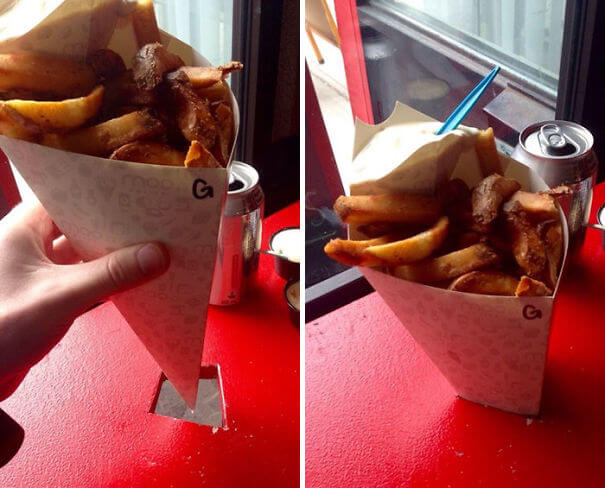 20 Innovative Food Inventions We Had Never Seen Before - This Restaurant Sells Fries In Paper Cones. The Tables Have Diamond Shaped Holes That Hold The Cones