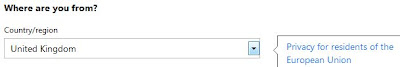 Selecting United Kingdom from the country choice drop down box when creating a microsoft account - popup message with link to privacy notice for EU residents is displayed