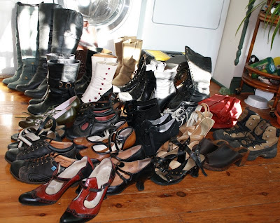 Most of my shoes, Fluevogs, Earth shoes, Frye boots, London Underground boots, Converse