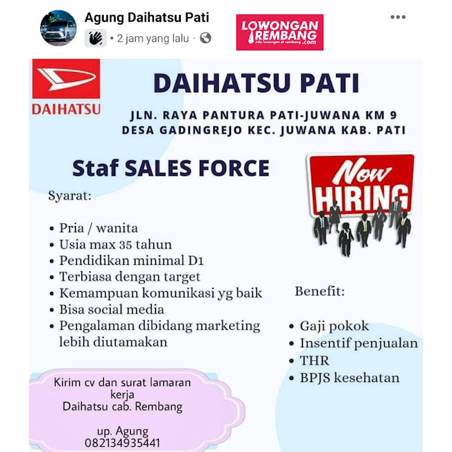 Lowongan Kerja Pegawai Staf Sales Force PT Karya Zirang Utama Authorized Dealer DAIHATSU Rembang