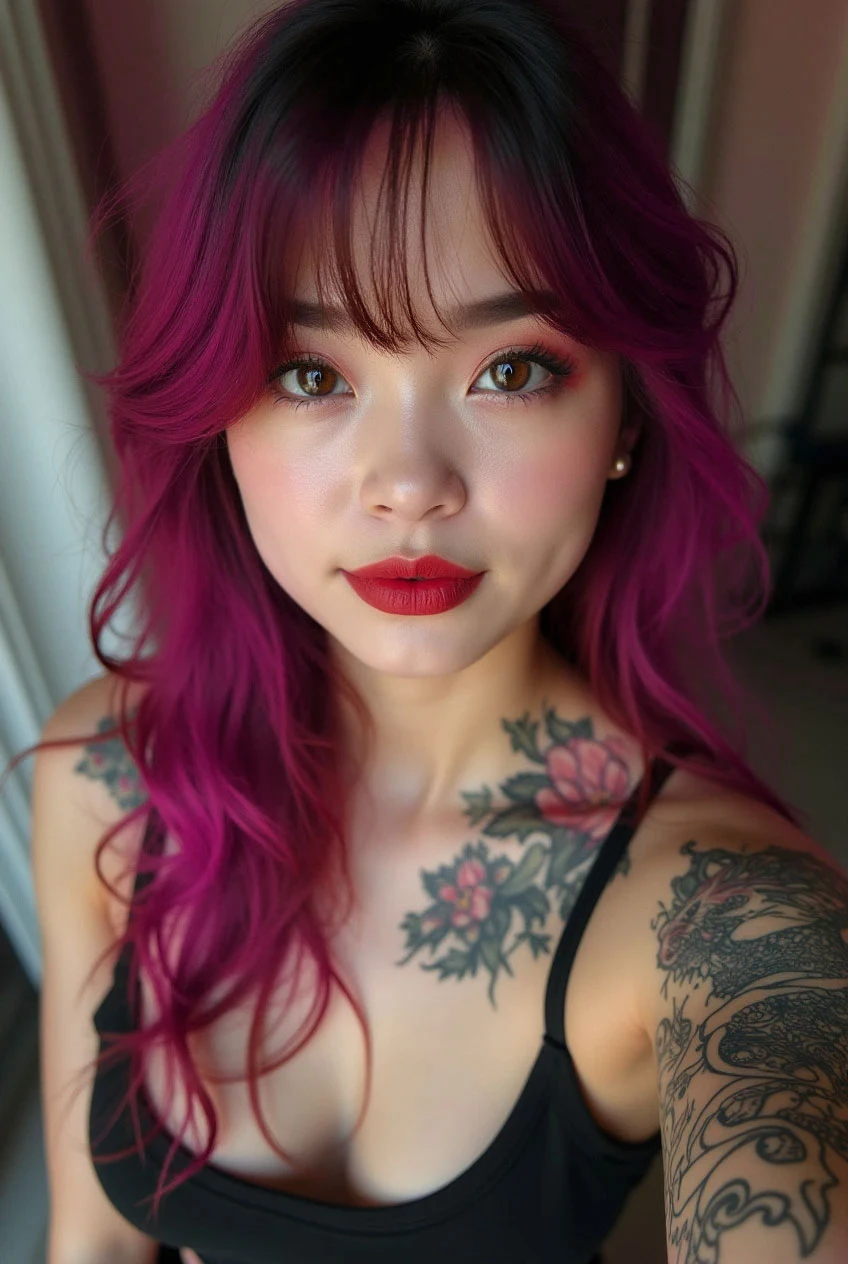 Mujer china con un tatuaje de peonía y dragón en el brazo