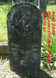 Tombstone of D. Bunyon, Husband of Emeline Bostick, 1835-1878, A Mason.  Photo by Pulaski County Obits, September 2009