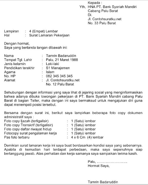 Contoh Surat Lamaran Kerja Bank Syariah Terbaru File Word