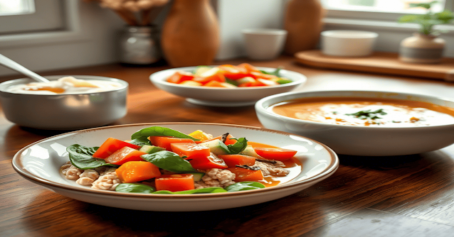 easy recipes for good food. Include dishes like oatmeal with milk and honey, a salad with tomatoes, cucumbers, and spinach, and lentil soup with turmeric and