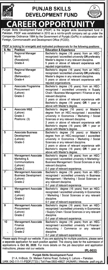 Punjab Skills Development Fund PSDF Jobs October 2020