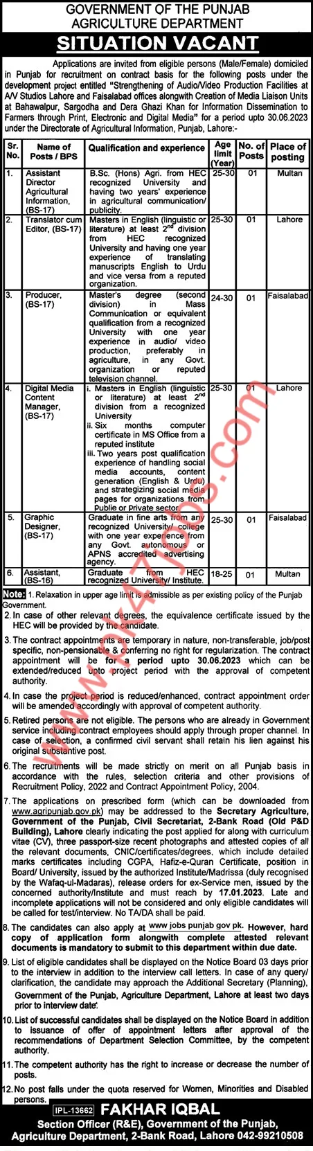 Agriculture Department Punjab Jobs December 2022