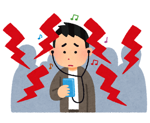 騒音の中で音楽を聴く人のイラスト