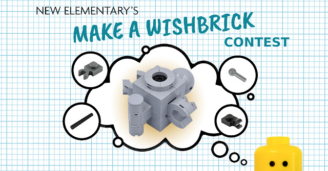 Banner illustration for New Elementary's "Make a Wishbrick" contest showing a minifigure dreaming of a LEGO brick.