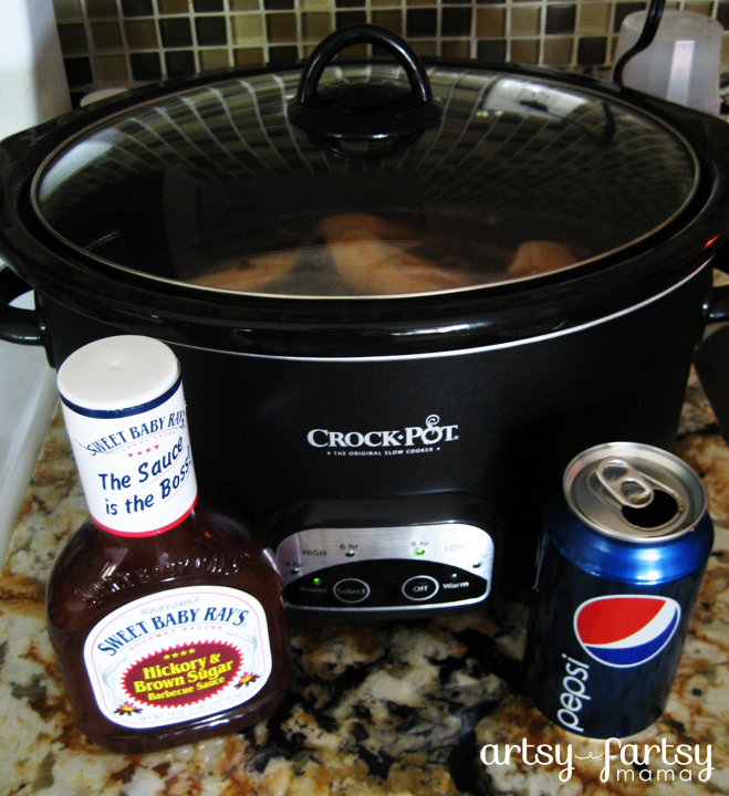 3 Ingredient Slow Cooker BBQ Chicken at artsyfartsymama.com