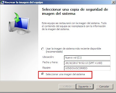 seleccionar una copia de seguridad del sistema
