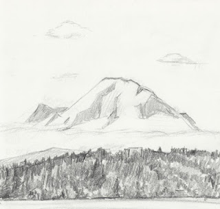 sketch mountain clouds trees