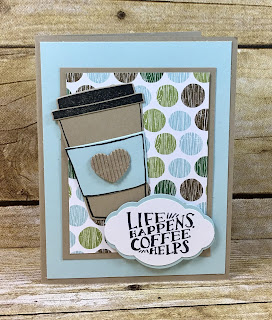 This all occasion coffee (aka Starbucks) card uses Stampin' Up!'s Coffee Cafe stamp set and Coffee Cups Framelits.  We also used the Coffee Break designer paper, Pretty Label Punch, and Corrugated Elements.  I love the blue/brown/green color combination and the polka dots on the designer paper!  Supply list is on the blog!  http://www.stamptherapist.com #stamptherapist #stampinup