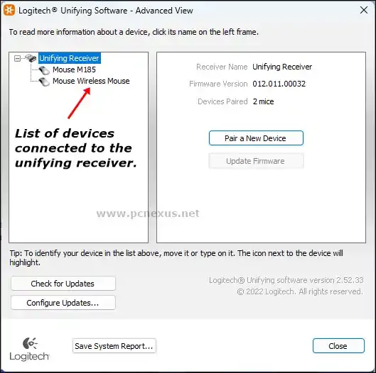 List of devices connected with a single universal Logitech dongle in Logitech unifying software.