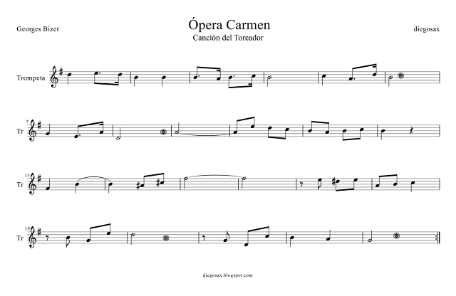 Canción del Toreador partitura, Ópera Carmen de Bizet partitura para Trompeta y fliscorno para tocar con el vídeo Sheet Music for Trumpet and Flugelhorn Toreador Songs Opera by Bizet