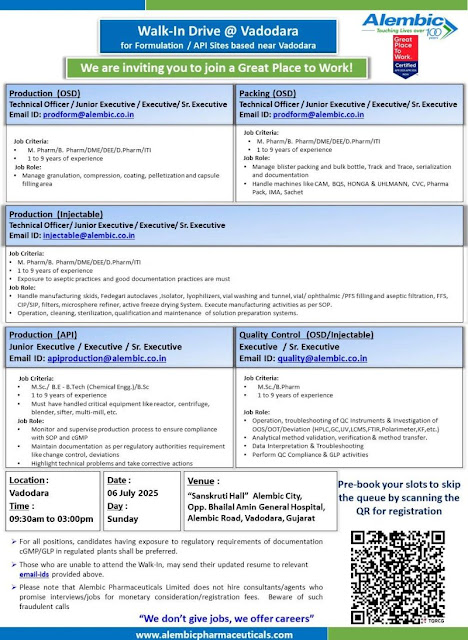 Alembic Pharma Walk-In Interview For Production, Packing & QC Dept