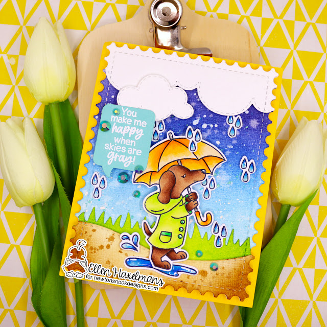 Dachshund and Umbrella Card by Ellen Haxelmans | Rainy Day Doxie Stamp Set, Land Borders Die Set, Framework Die Set, Sky Scene Builder Die Set and Framework Die Set by Newton's Nook Designs