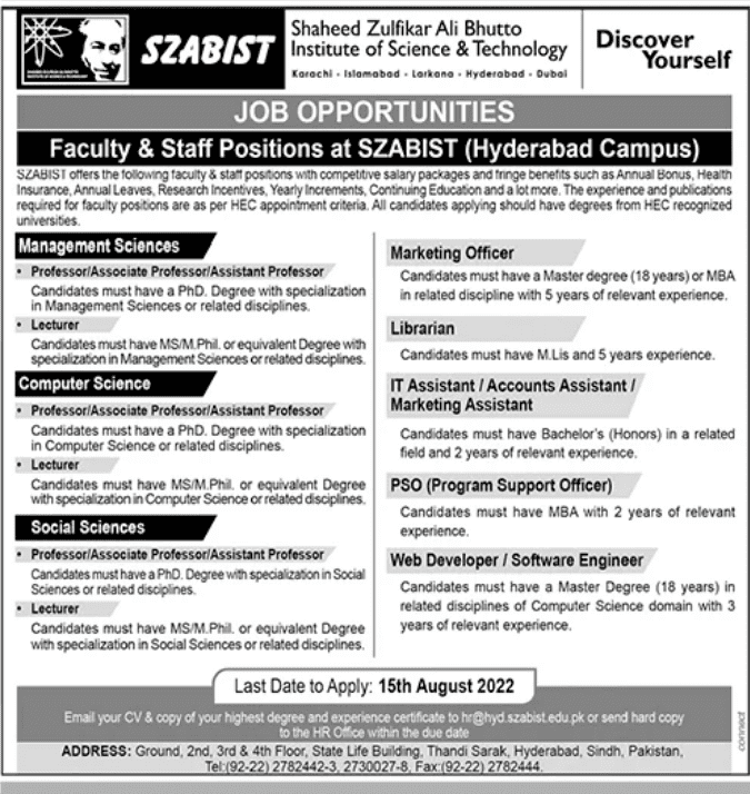 SZABIST Shaheed Zulfikar Ali Bhutto Institute of Science & Technology Jobs 2022