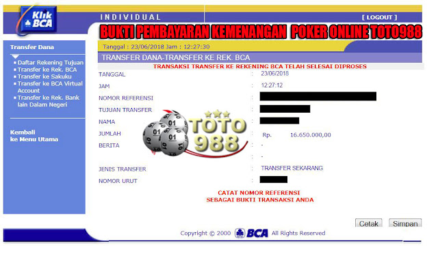 Bukti pembayaran kemenangan member main poker online di TOTO988