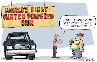 Cartoon of car that runs on water--from the Gulf of Mexico