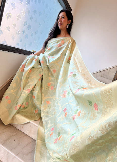 Sage green Tussar and katan silk saree