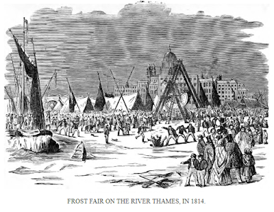 Frost fair on the River Thames in 1814  from Famous Frosts and Frost Fairs by WAndrews (1887)