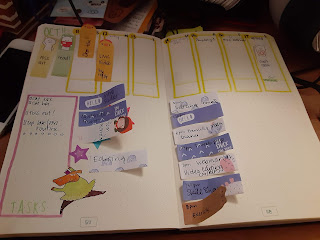 picture of a open book that includes features for planning including post-it notes with listed tasks and decorative stickers