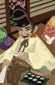 An illustration of a Japanese man having sake and sushi.