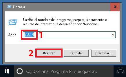 En el cuadro de texto Ejecutar, escribiremos SLUI 4.