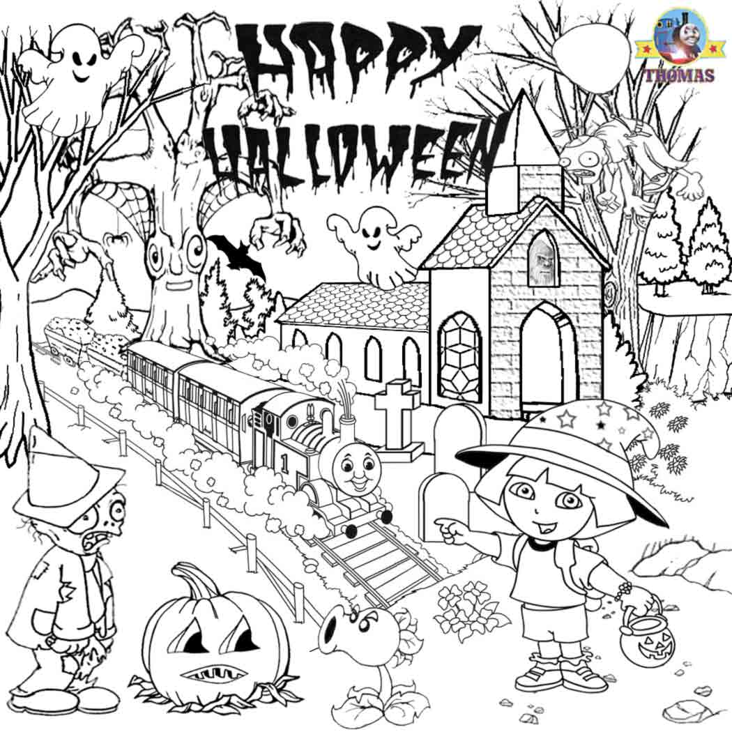 Pumpkin happy Halloween Annie and Clarabel Thomas Dora witch plants and zombies coloring pictures