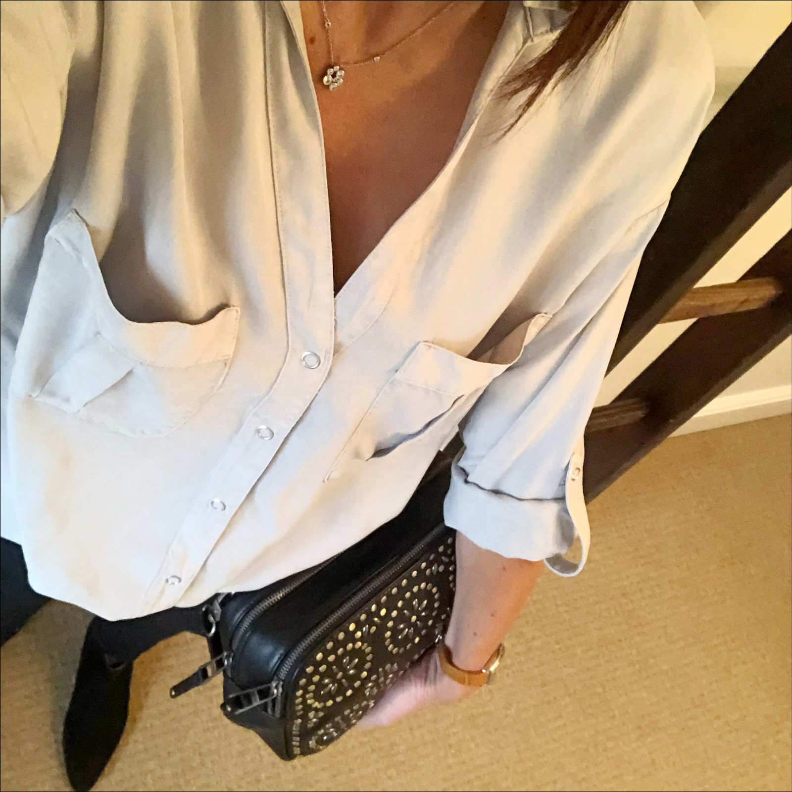 my midlife fashion, zara shirt with pocks, j crew 8" toothpick skinny jeans, village england penshaw across body studded bag, iro pointed flat suede ankle boots