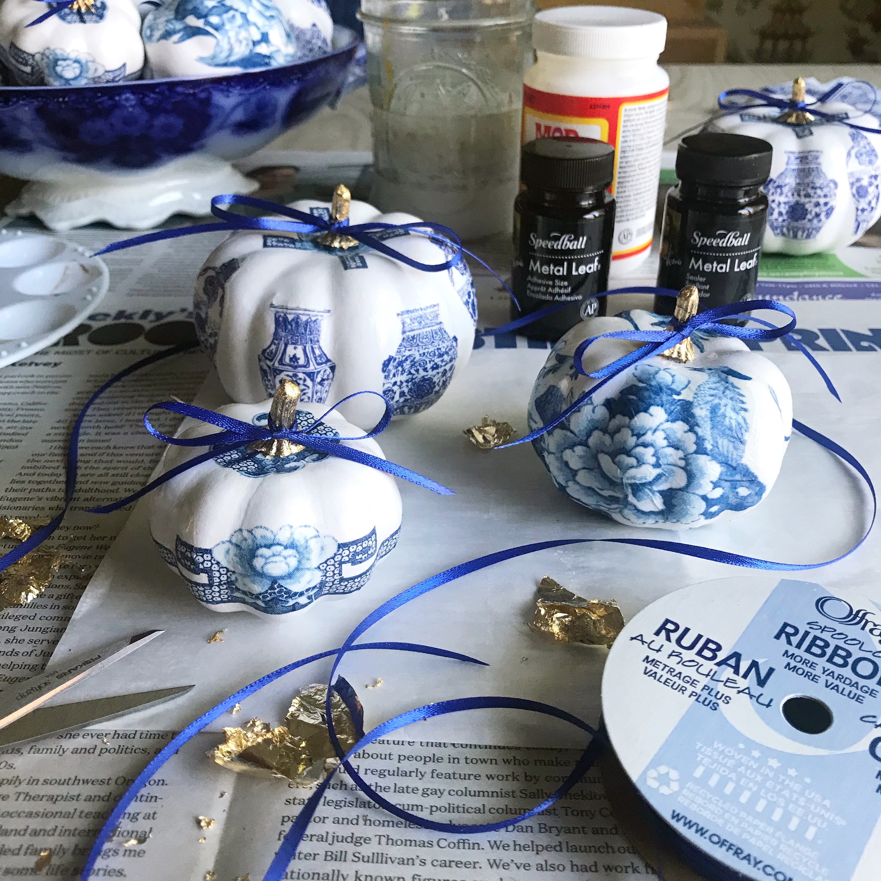 Under the Plum Blossom Tree, DIY: Decoupage Chinoiserie Mini Pumpkins, a blog post lesson in how to create autumn season faux decoupage pumpkins to use as holiday decorations.