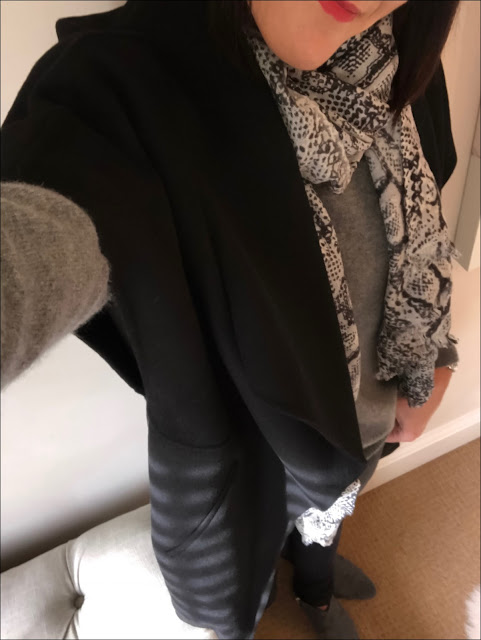 My Midlife Fashion, Zara sleeveless draped coat, zara crew neck cashmere jumper, hush snake cashmere shawl, hush harley jeans, hush thornton ankle boots