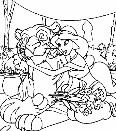 Princess Jasmine and Tiger princess jasmine coloring pages for kids. Princess Jasmine and Tiger