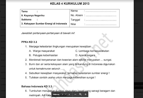 Soal Ulangan Harian Kelas 4 Tema 9 Subtema 1