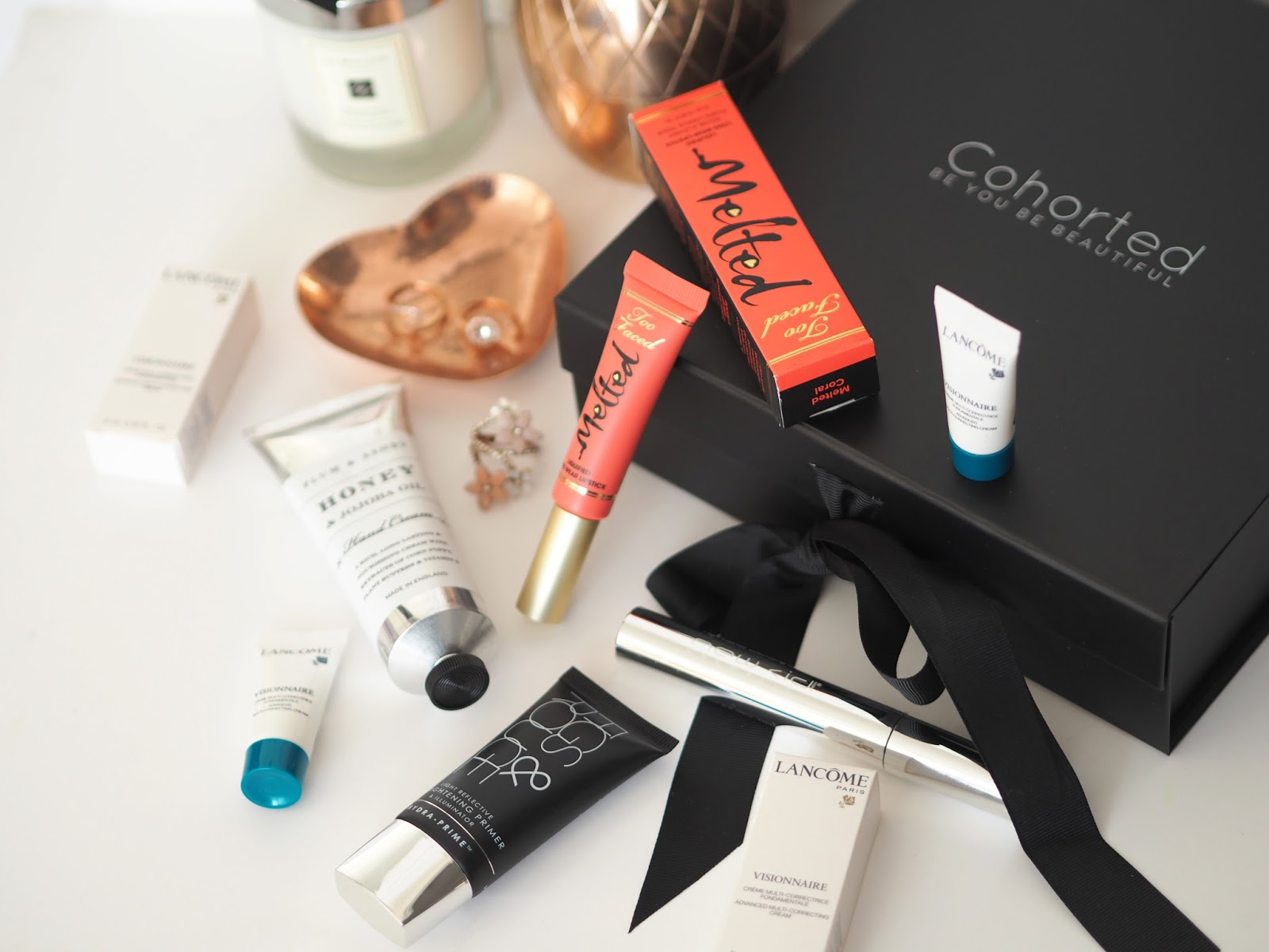 Cohorted Beauty Box: November Edition, Katie Kirk Loves, UK Blogger, Beauty Blogger, Beauty Box, High End Beauty, Luxury Beauty, Beauty Influencer, Make Up Blogger, Skincare Blogger, Cohorted UK, Cohorted Beauty Box Review, Too Faced, Lancome, Figs and Rouge, New CID, Plum and Ashby