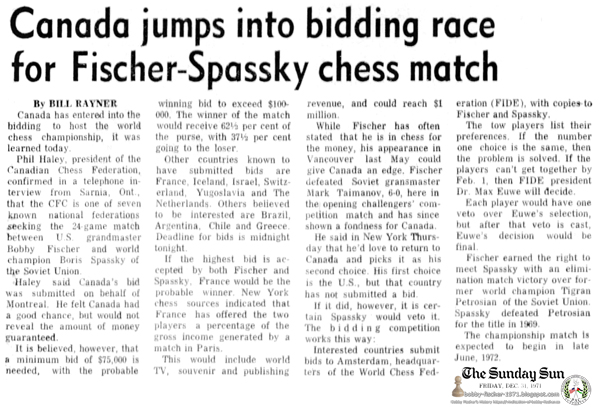 Canada Jumps Into Bidding Race for Fischer-Spassky Chess Match