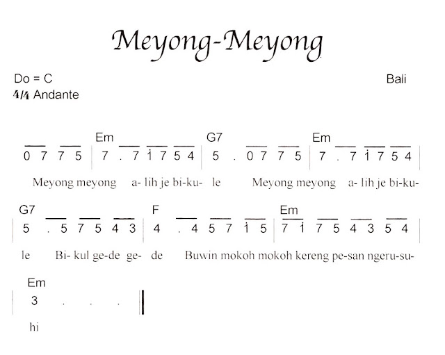 Not Angka Pianika Lagu Meyong Meyong (Bali)