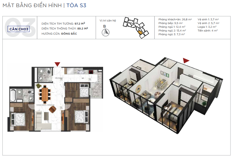 Loại căn hộ 02 phòng ngủ, 01 phòng đa năng, diện tích 89m2