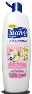 Condicionador Suave Jasmim e Óleos Essenciais Tampa azul,embalagem branca com flores rosadas.
