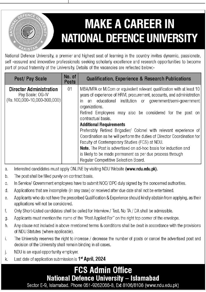 Director Administration Jobs National Defence University Islamabad 2024