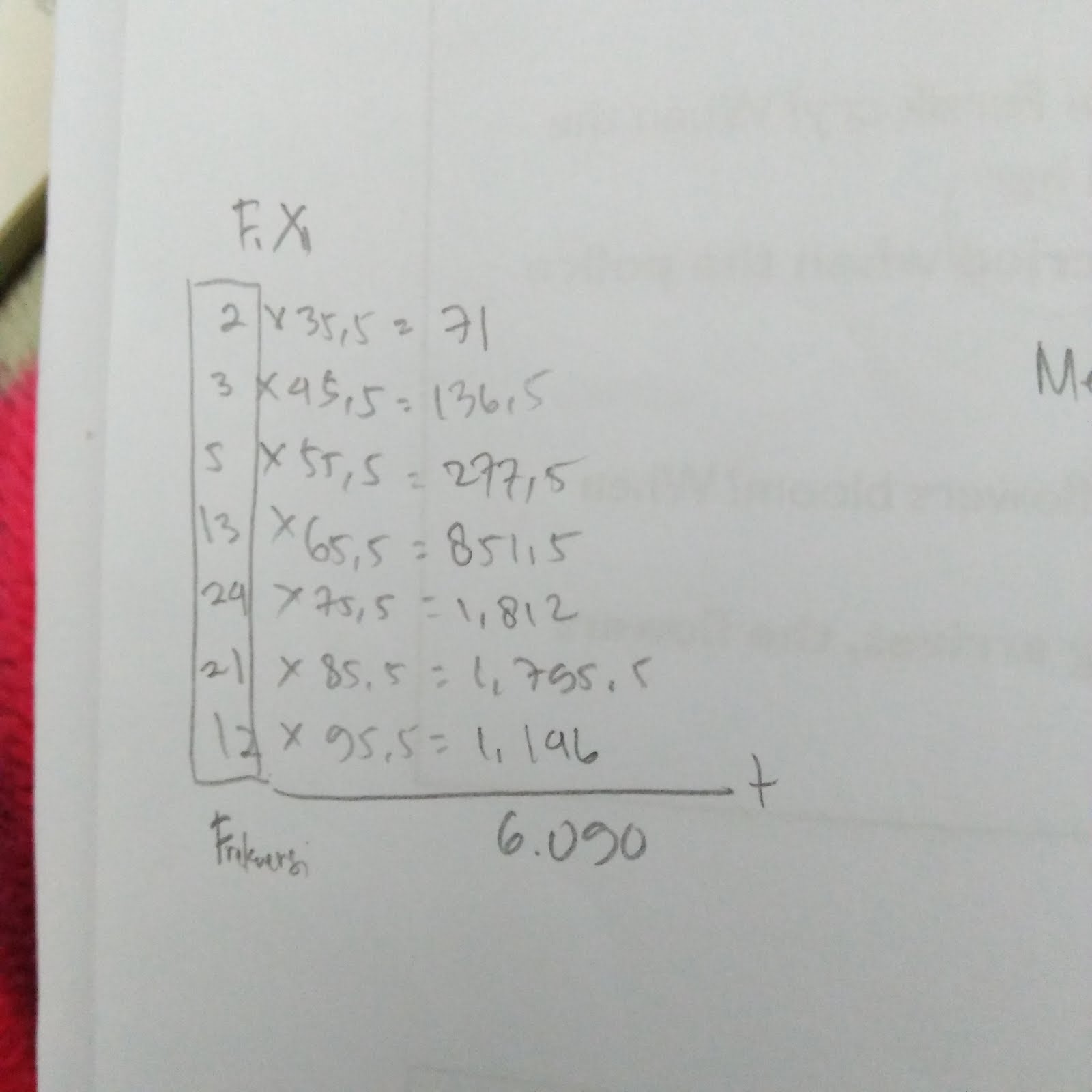 F1x1 adalah jumlah hasil dari nilai tengah di kali dengan frekuensi F1 adalah jumlah frekuensi
