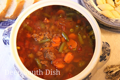 A cafeteria lunchroom favorite, this soup from days long gone by and my all time favorite, made with a tomato and beef broth base, ground beef, a mixture of veggies and seasonings, and flavor boosters - all pantry staples. Make a double batch because this freezes nicely.