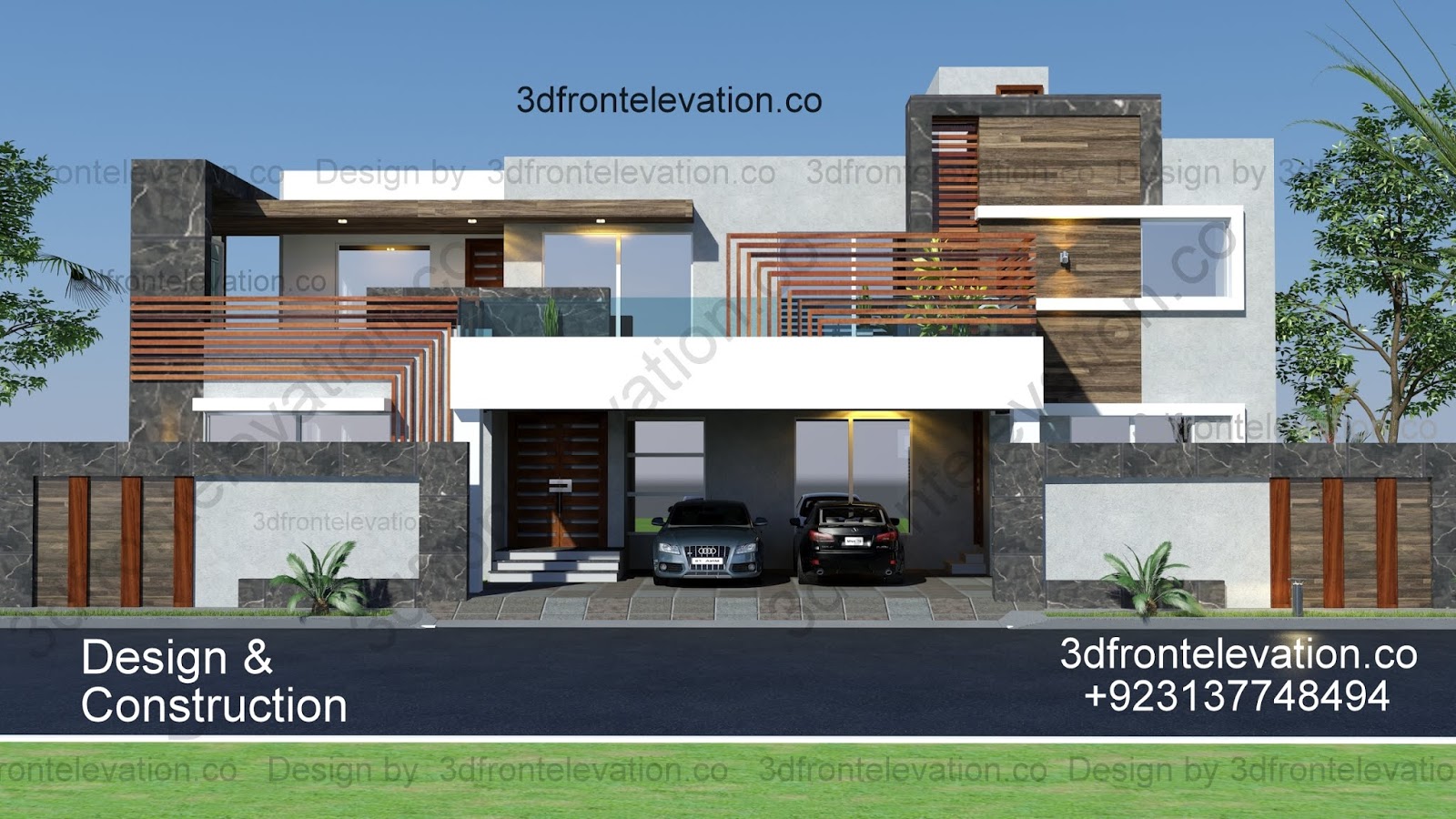 2 Side Road Front Face Elevation Plan + 3D Design Interiors Construction