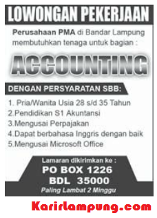 Lowongan Accounting Perusahaan PMA di Bandar Lampung
