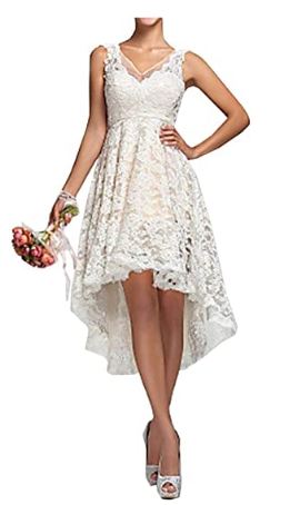 High Low Wedding Dress Lace Short V-Neck Short Bridal Dress - Hi Lo Bride Gowns Plus Size