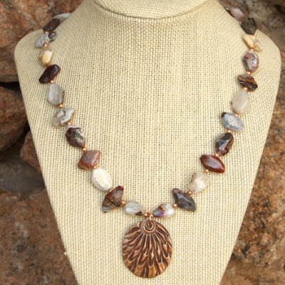beautiful copper feather pendant necklace and mixed agate nuggets gift for her